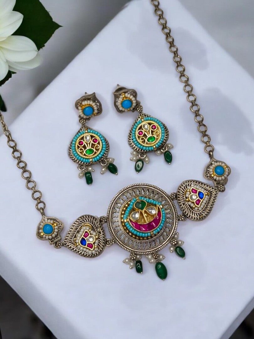 SKY BLUE AANANDITA GERMAN SILVER JEWELLERY SET
