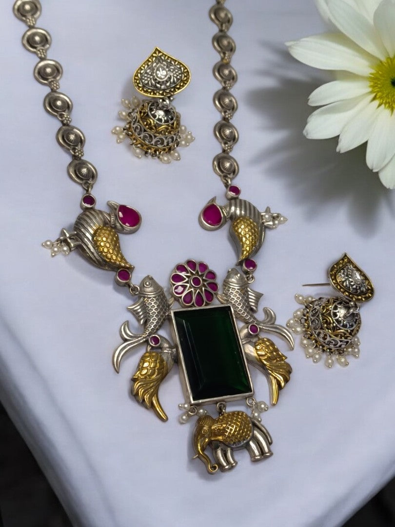 GREEN KALASHREE GERMAN SILVER JEWELLERY SET