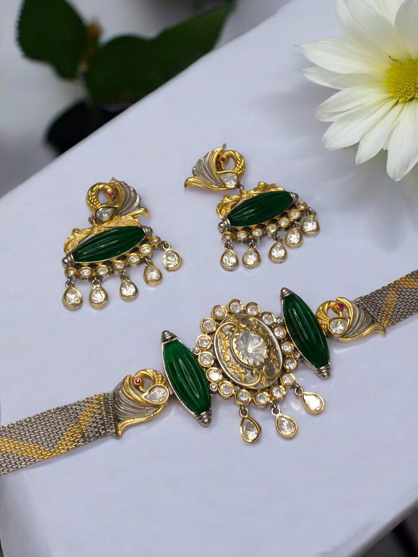 GREEN HARVINI GERMAN SILVER JEWELLERY SET
