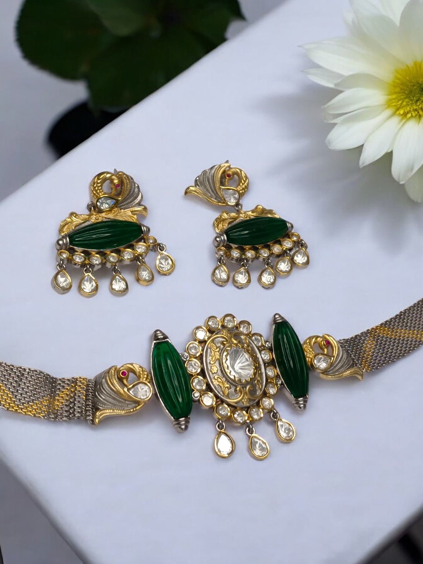 GREEN HARVINI GERMAN SILVER JEWELLERY SET