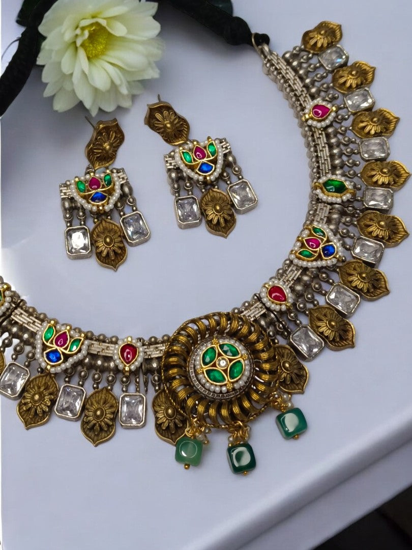GREEN PUSHTI GERMAN SILVER JEWELLERY SET