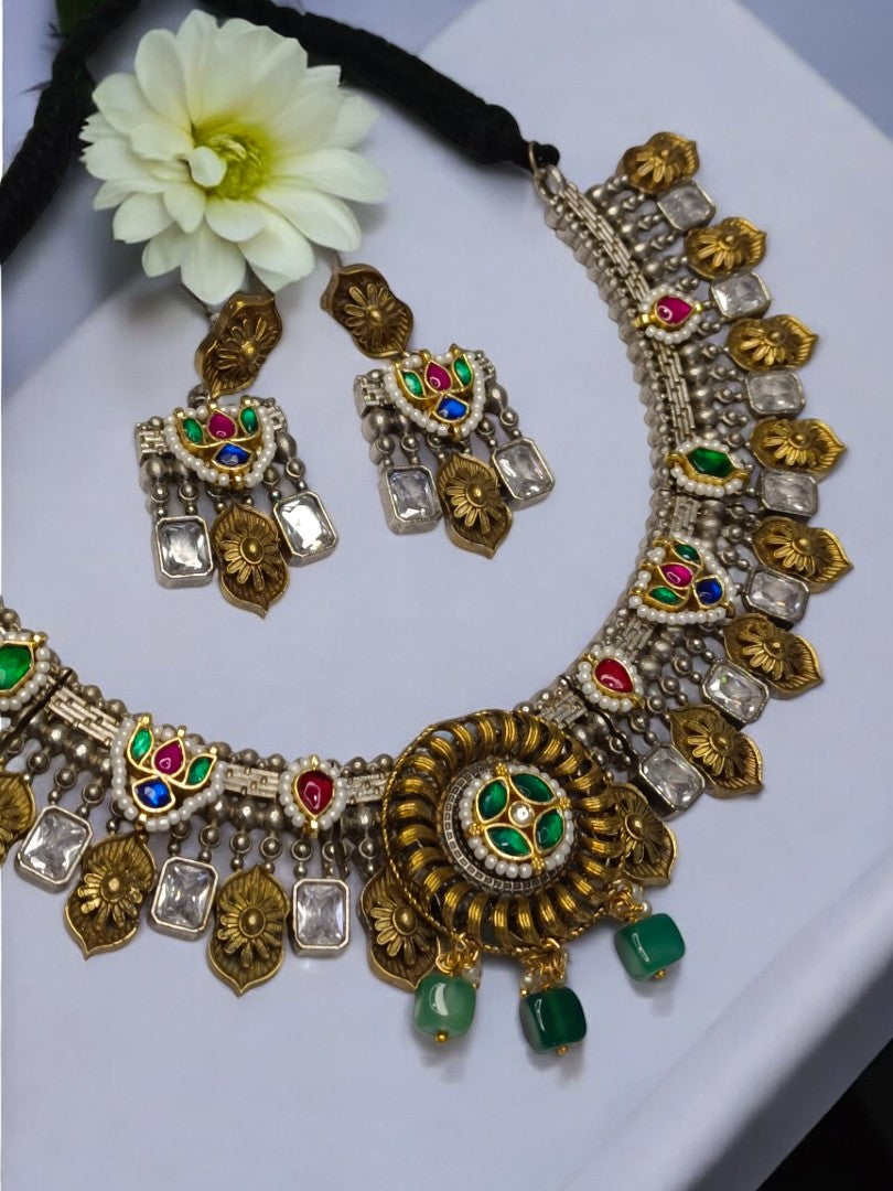 GREEN PUSHTI GERMAN SILVER JEWELLERY SET