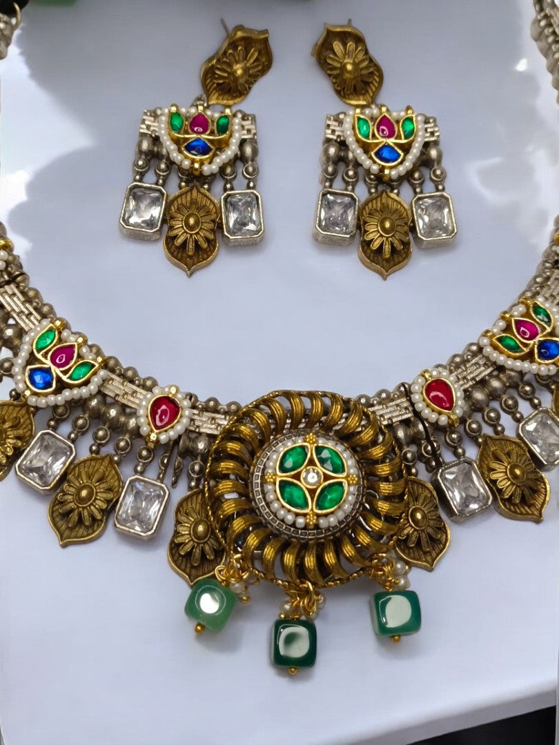 GREEN PUSHTI GERMAN SILVER JEWELLERY SET