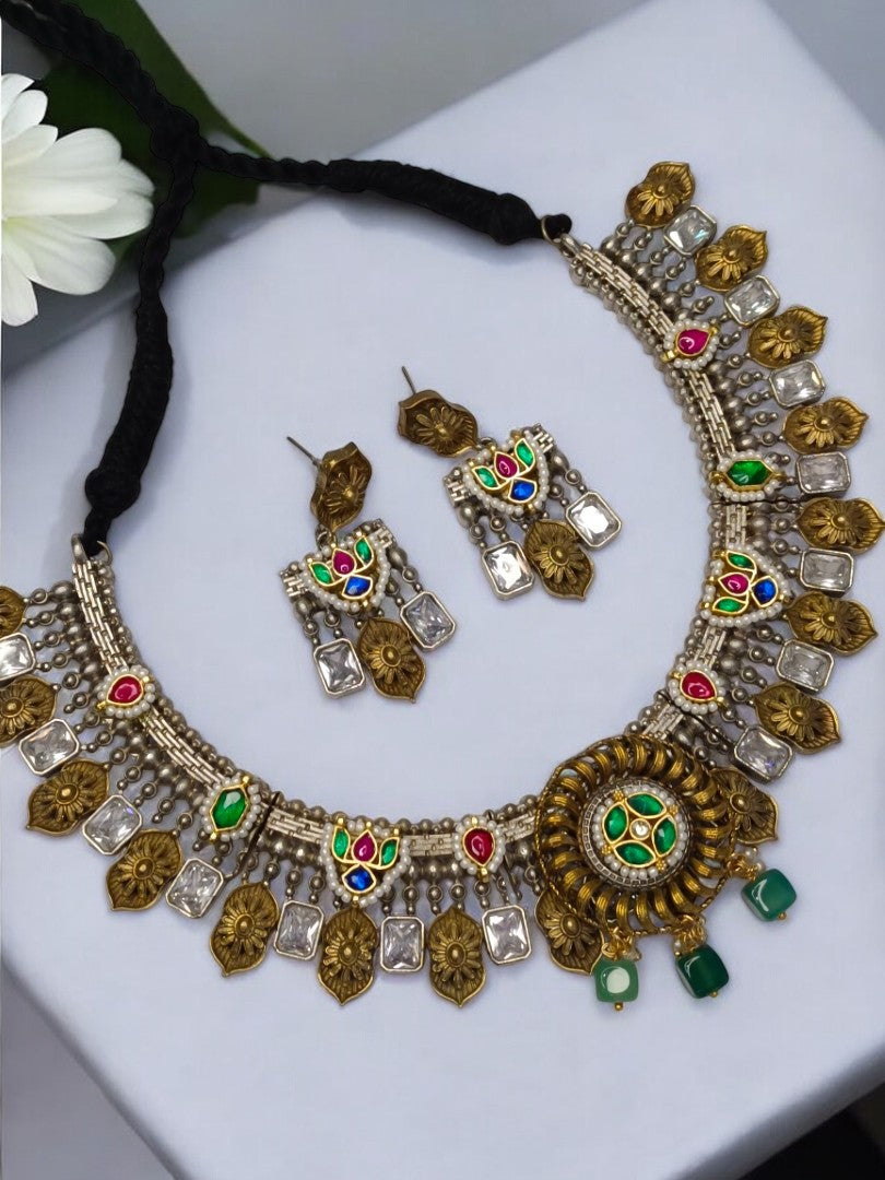 GREEN PUSHTI GERMAN SILVER JEWELLERY SET