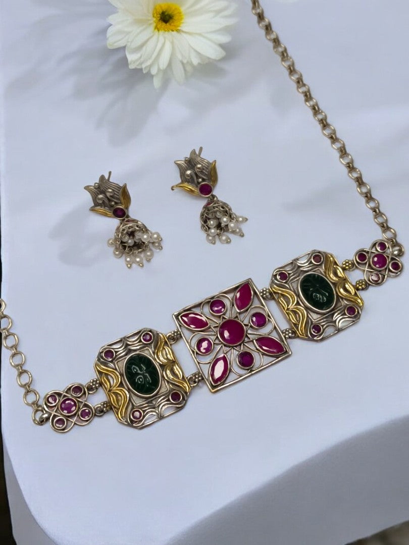 PINK KAMALI GERMAN SILVER JEWELLERY SET