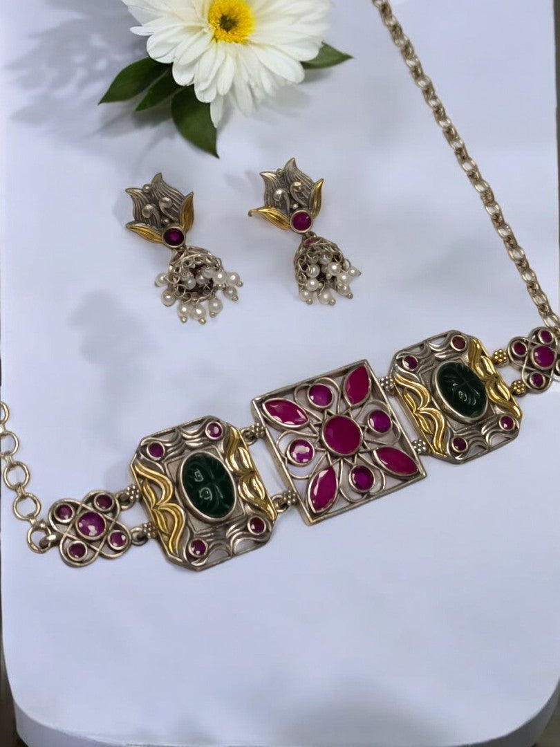 PINK KAMALI GERMAN SILVER JEWELLERY SET