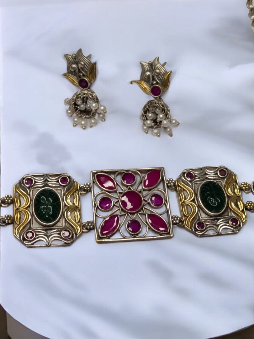 PINK KAMALI GERMAN SILVER JEWELLERY SET