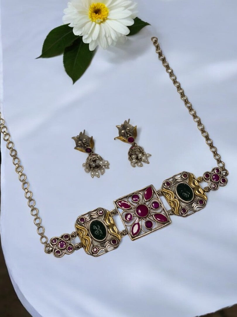 PINK KAMALI GERMAN SILVER JEWELLERY SET