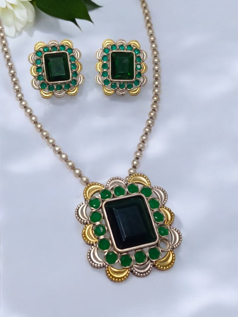 GREEN VYOMINI GERMAN SILVER JEWELLERY SET