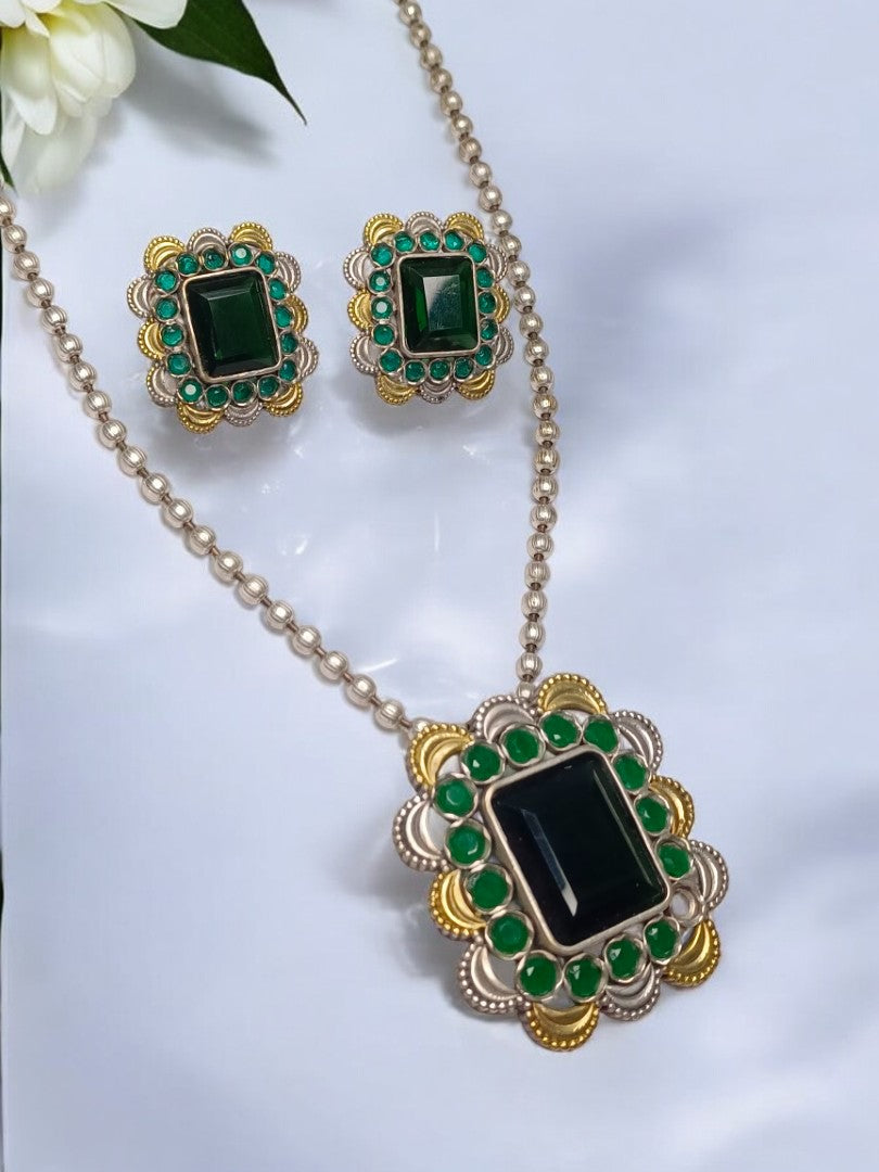 GREEN VYOMINI GERMAN SILVER JEWELLERY SET