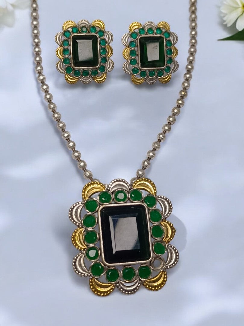GREEN VYOMINI GERMAN SILVER JEWELLERY SET
