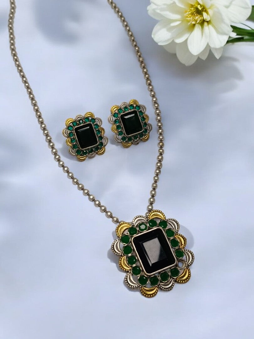 GREEN VYOMINI GERMAN SILVER JEWELLERY SET