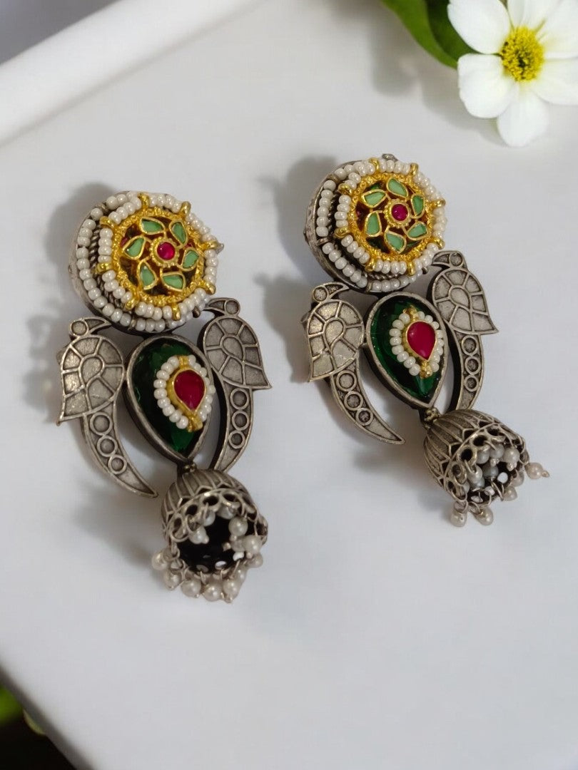 GREEN DAIVEEKA GERMAN SILVER EARRINGS