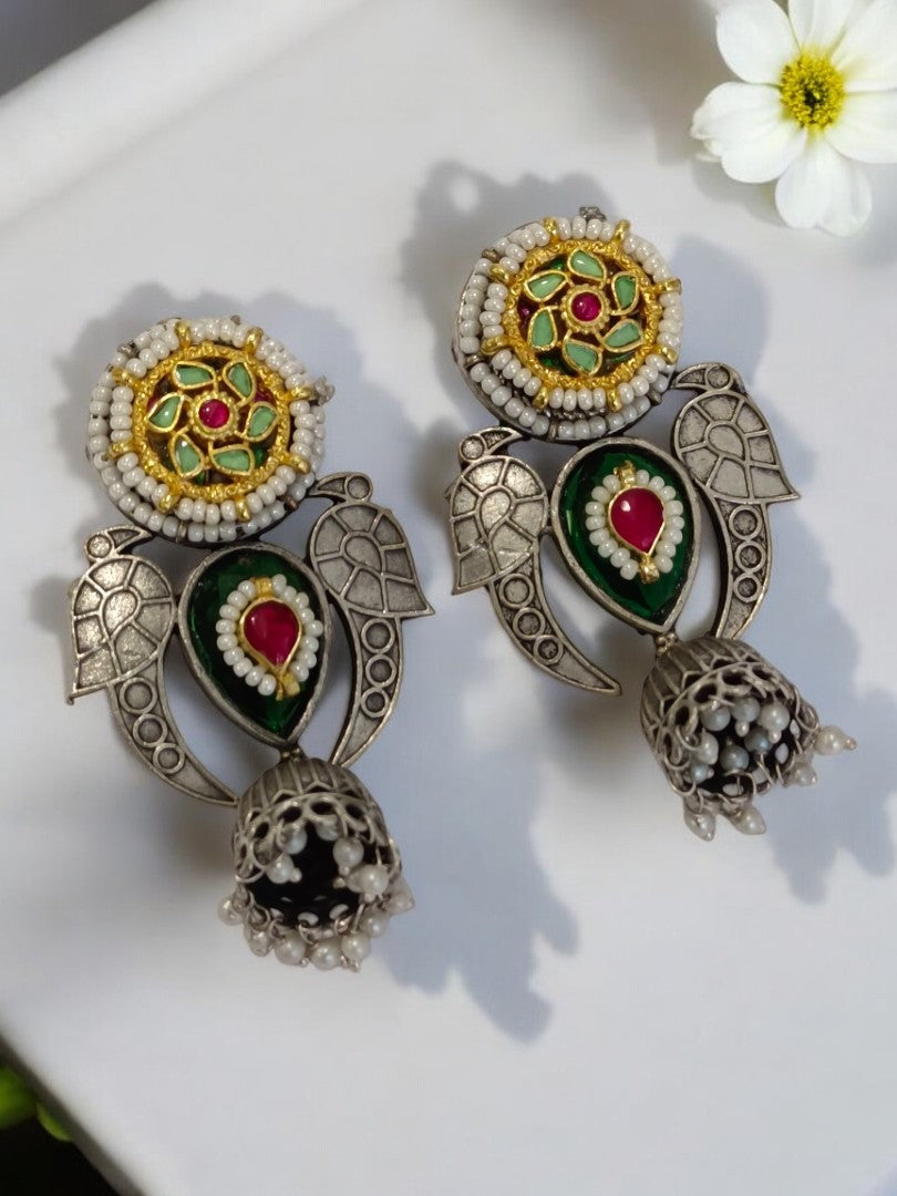 GREEN DAIVEEKA GERMAN SILVER EARRINGS
