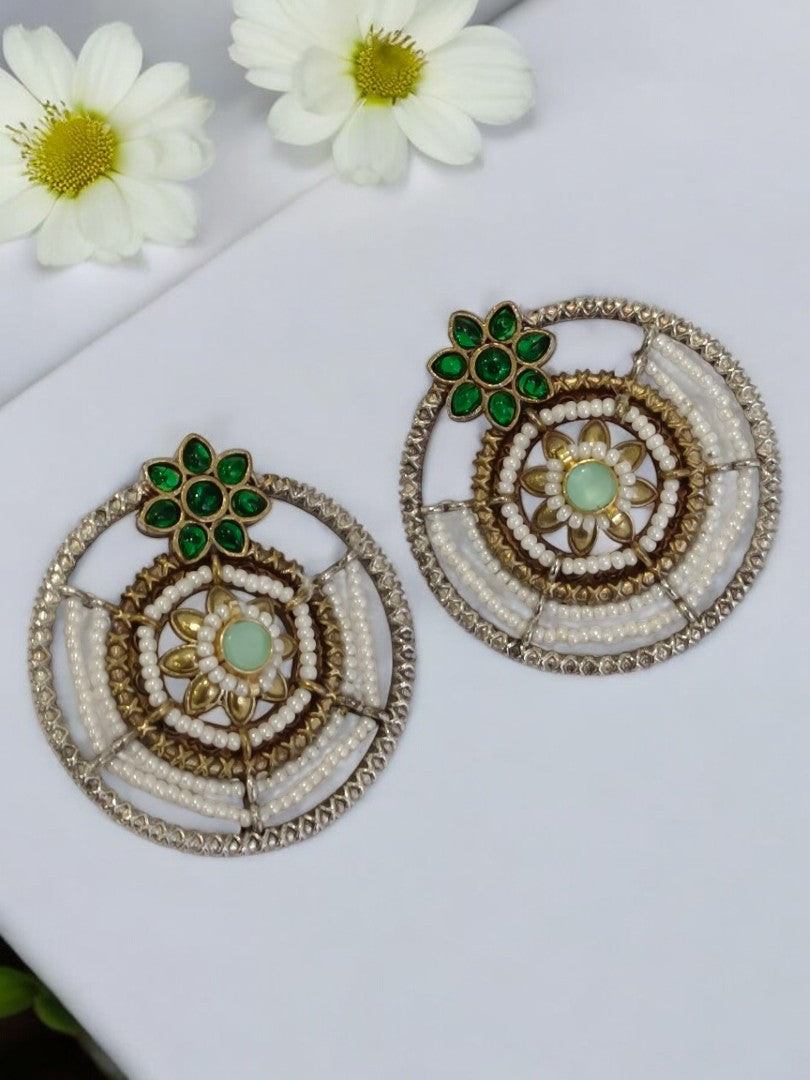 GREEN KAMINI GERMAN SILVER EARRINGS