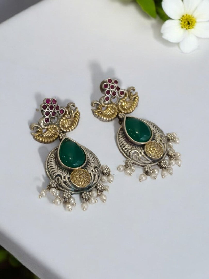 GREEN DROP VAYAVYINI GERMAN SILVER EARRINGS