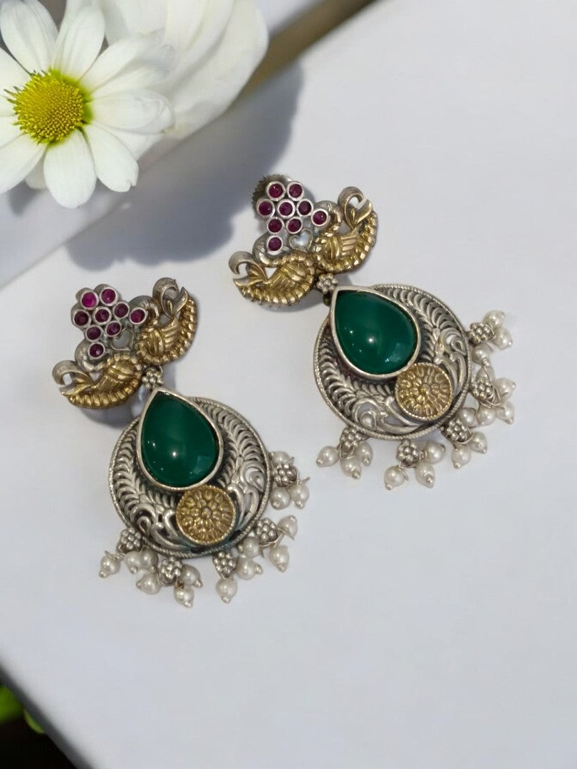 GREEN DROP VAYAVYINI GERMAN SILVER EARRINGS