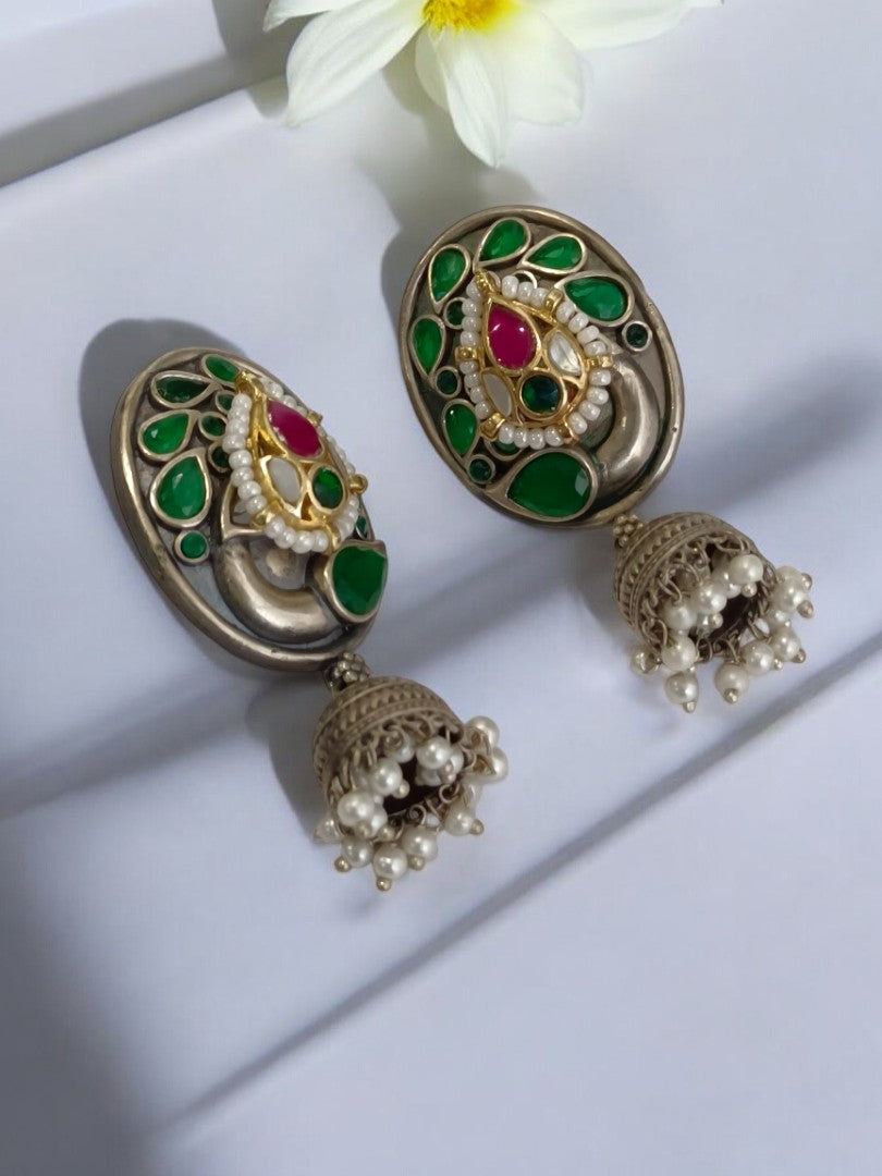 GREEN BRAMHANI GERMAN SILVER EARRINGS