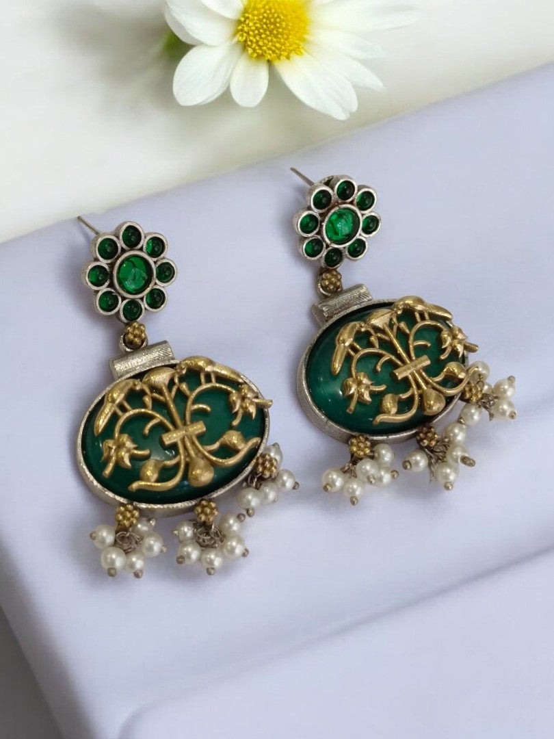 GREEN RUDHRI GERMAN SILVER EARRINGS