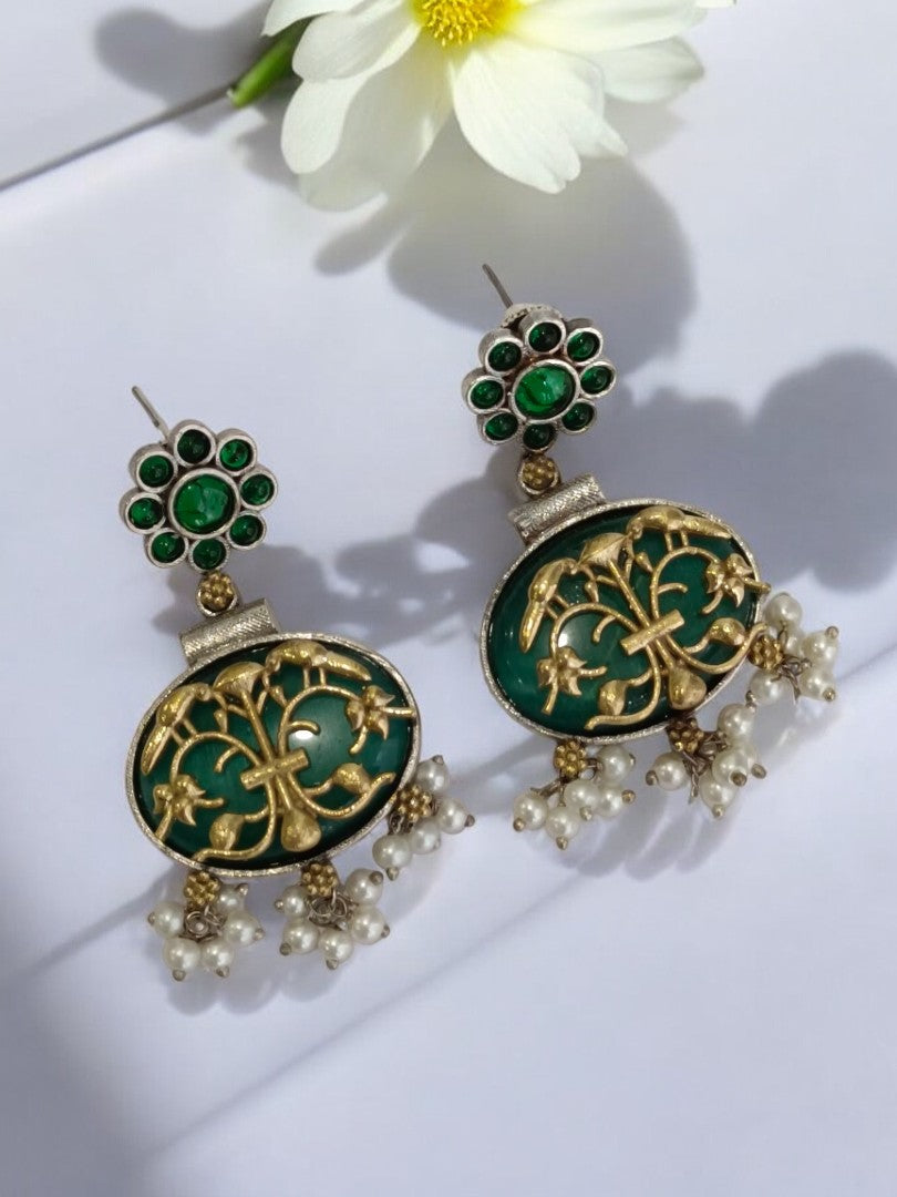 GREEN RUDHRI GERMAN SILVER EARRINGS