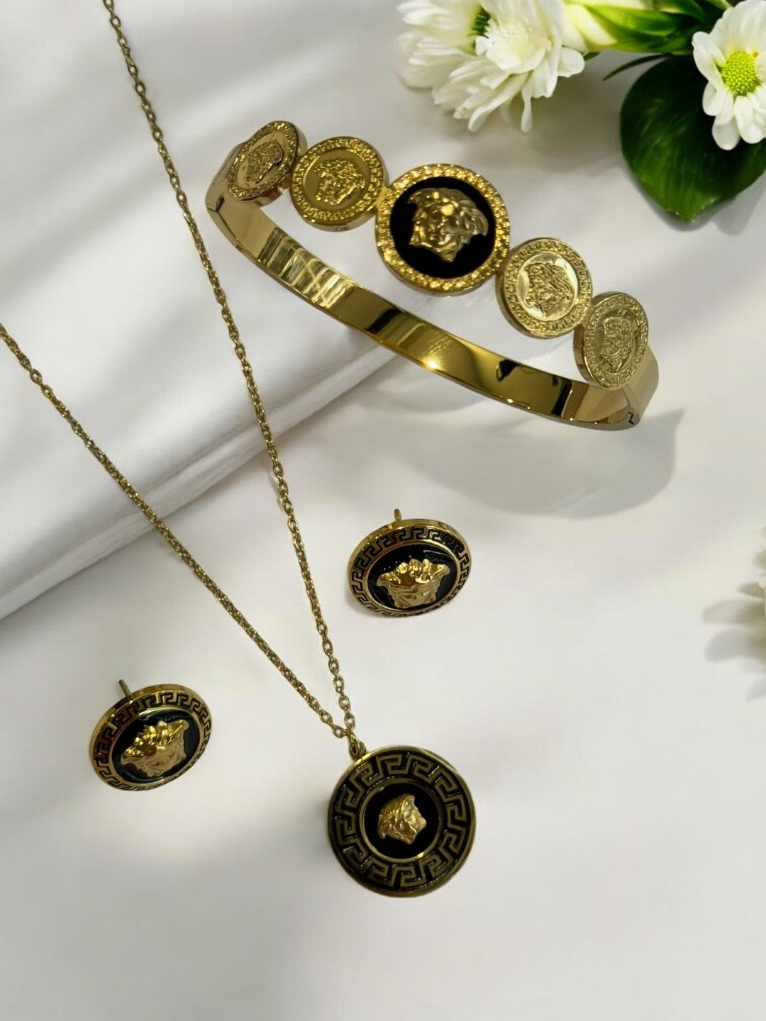 BLACK VERSACE ERIC NECKLACE AND BRACELET (COMBO)