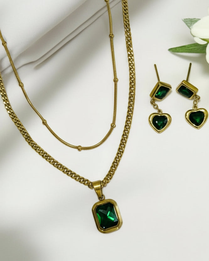 GREEN LAYER NECKLACE AND EARRINGS (COMBO)