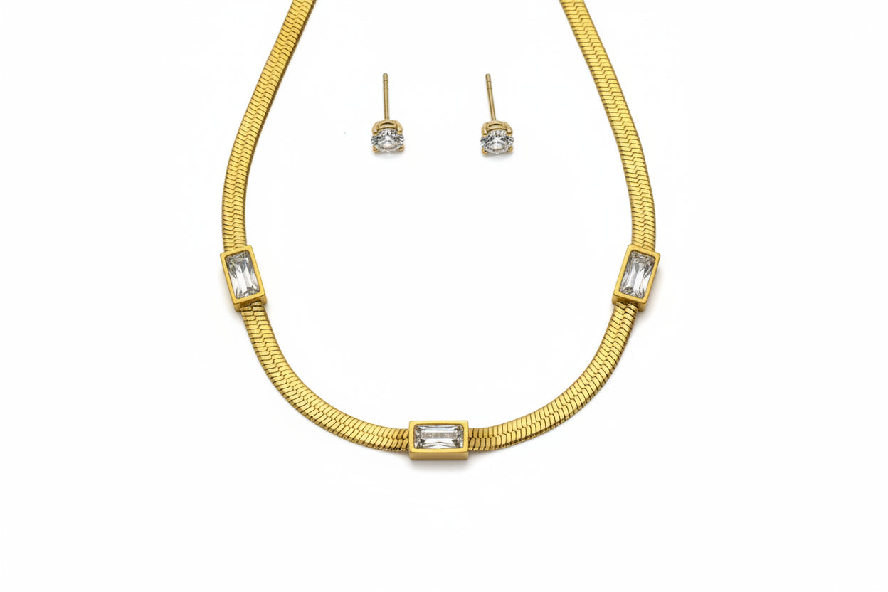 GOLDEN THREE STONES NECKLACE AND EARRINGS (combo)