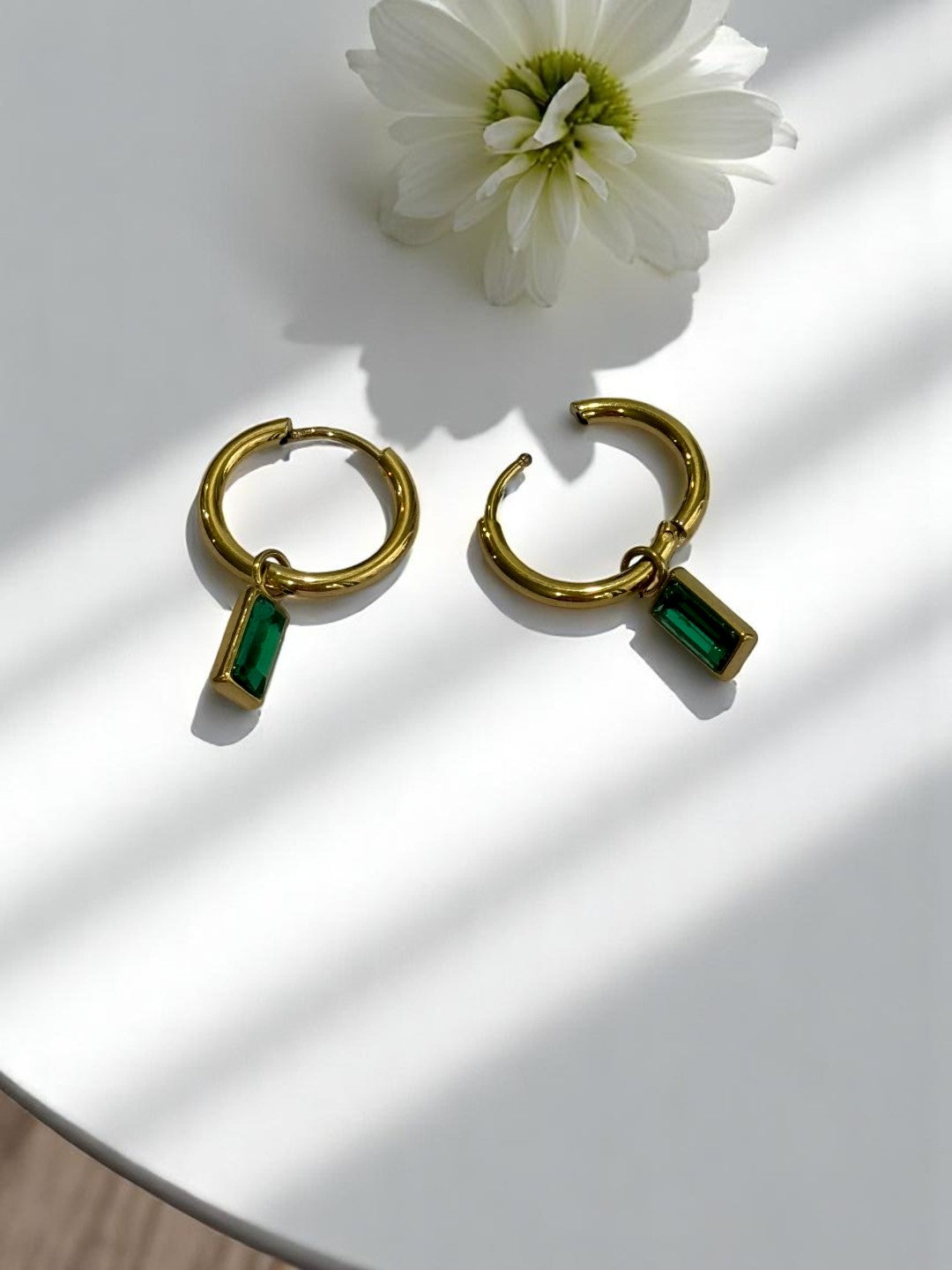 GREEN RECTANGULAR HANGING DIAMOND OWEN EARRINGS