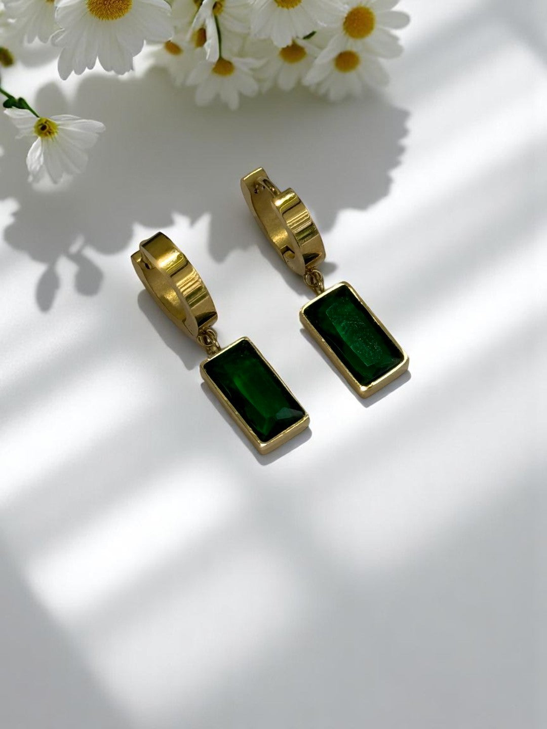 GREEN RECTANGULAR HANGING DIAMOND OWEN EARRINGS