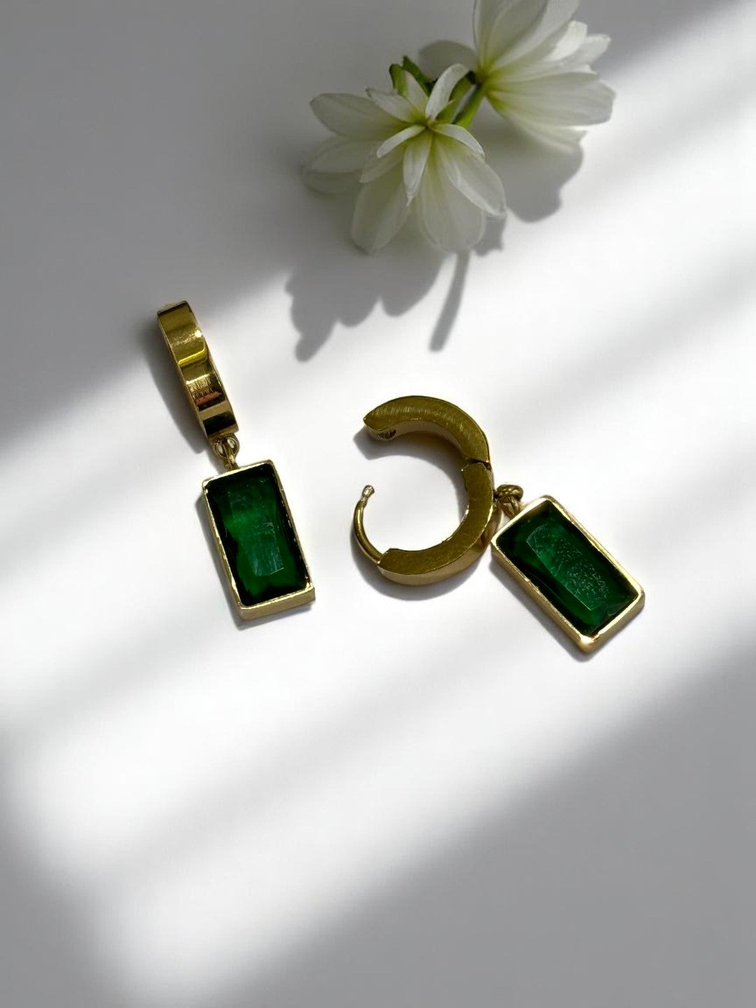 GREEN RECTANGULAR HANGING DIAMOND OWEN EARRINGS