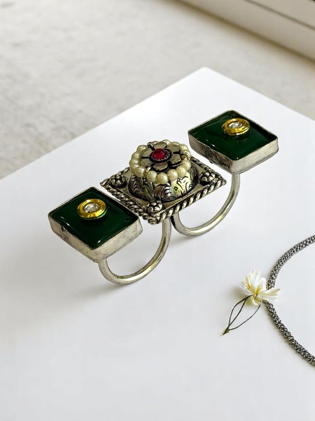 GREEN BHUVI BOXED TWO FINGER GERMAN SILVER RING
