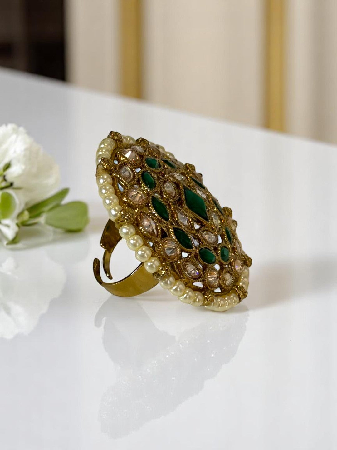 GREEN PEARL RITHIKA KUNDAN RINGS
