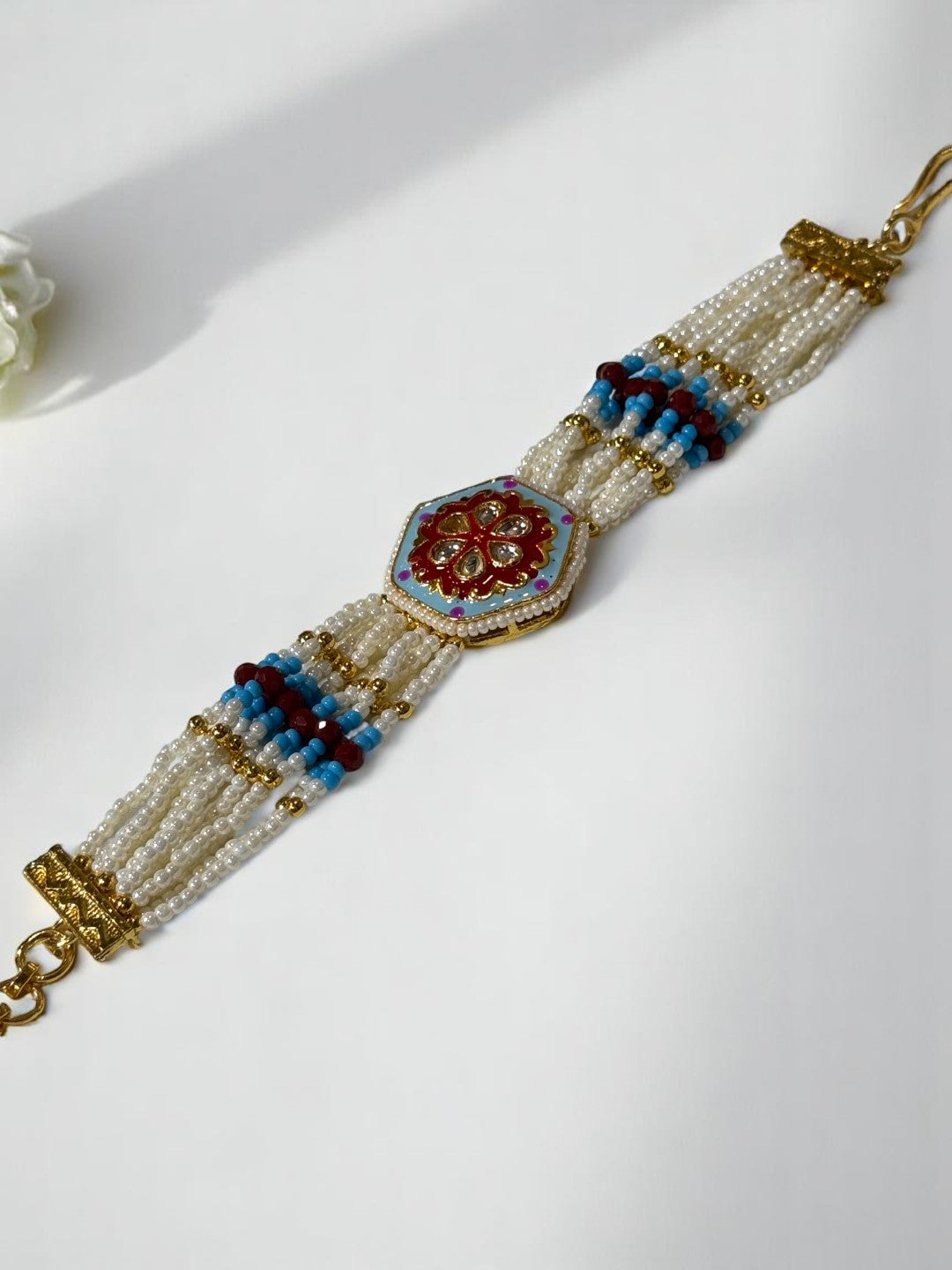 SKY BLUE RED GARGEE KUNDAN BRACELET