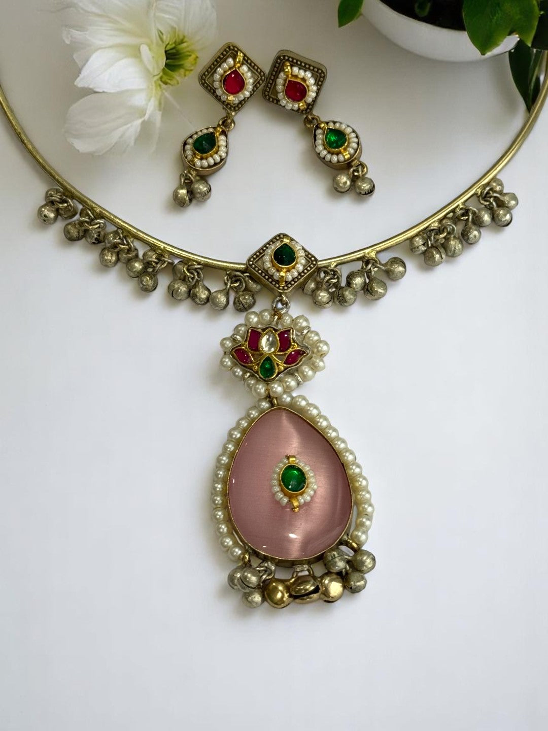PINK GRISHA GERMAN SILVER JEWELLERY SET