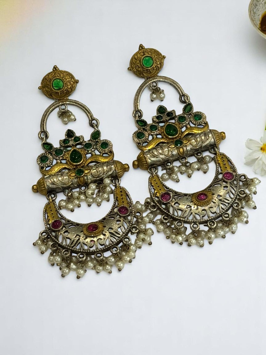 GREEN RUBY HITESHREE GERMAN SILVER EARRINGS