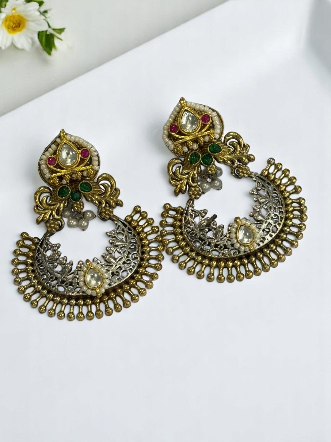 GREEN PINK STONE PEARL AYAANA GERMAN SILVER EARRINGS