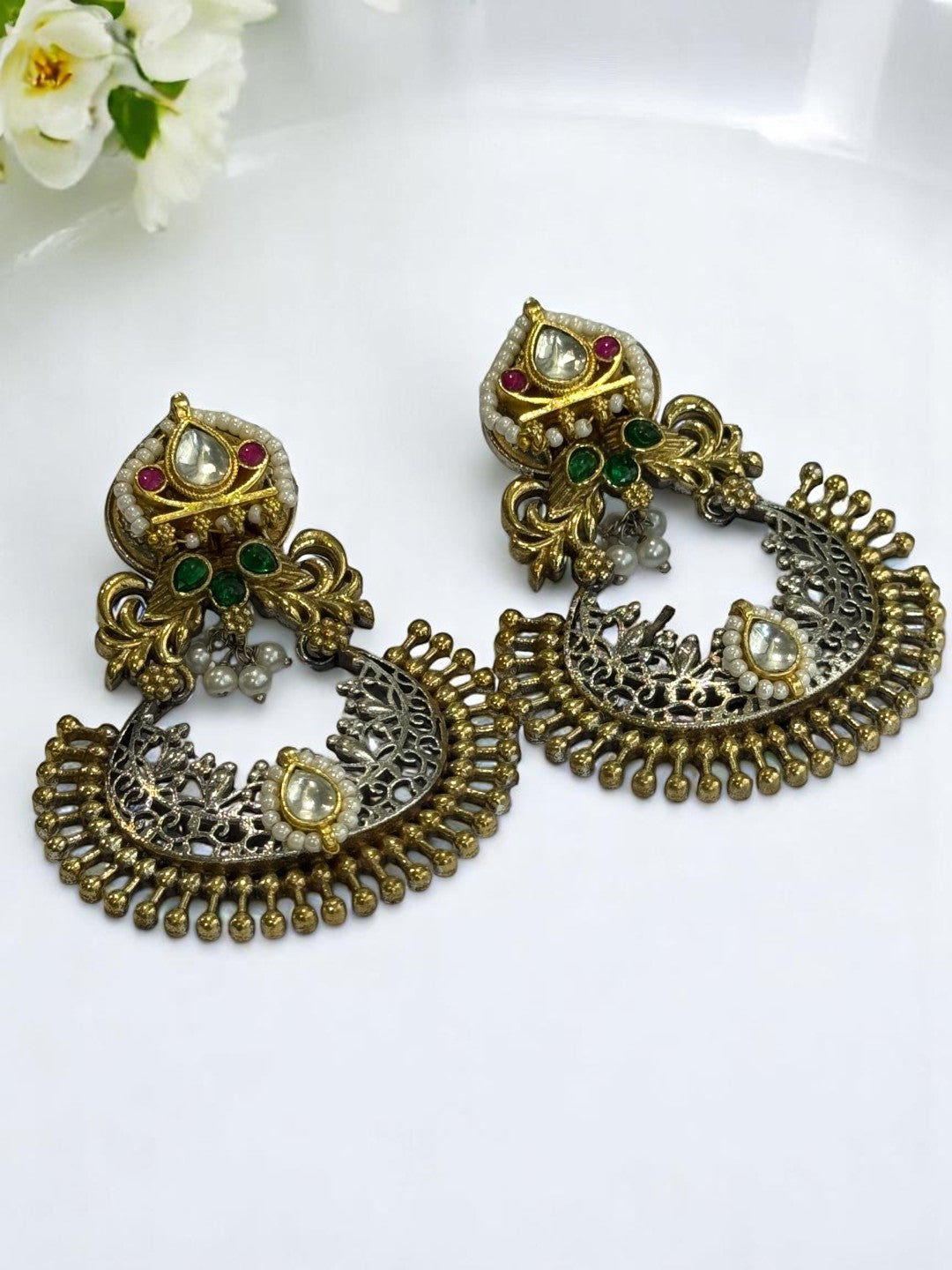 GREEN PINK STONE PEARL AYAANA GERMAN SILVER EARRINGS