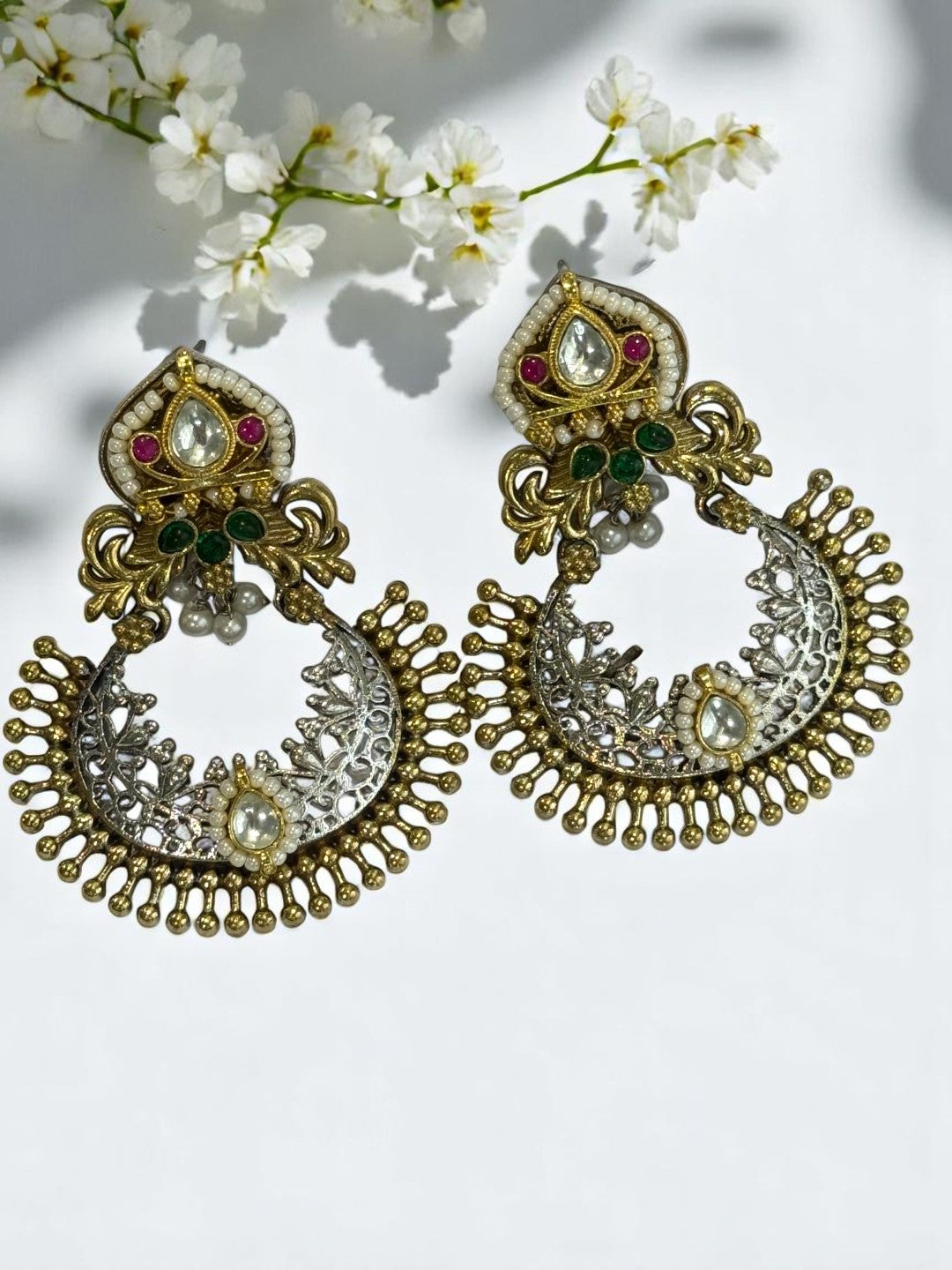 GREEN PINK STONE PEARL AYAANA GERMAN SILVER EARRINGS