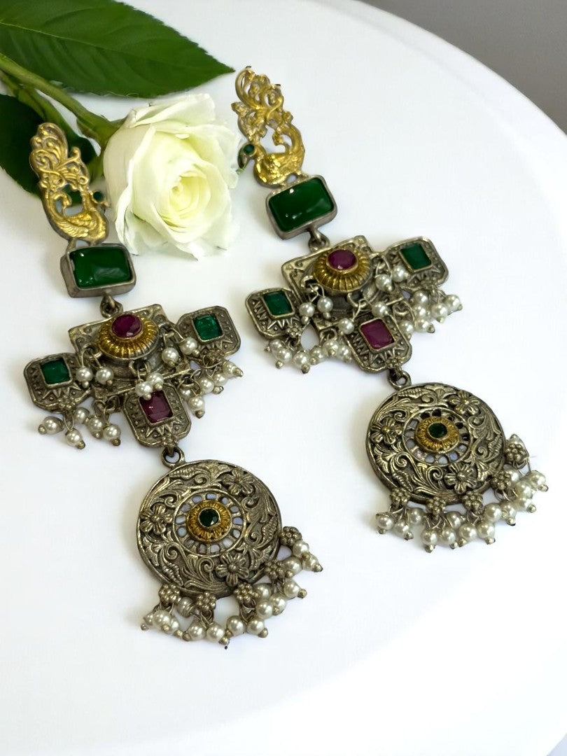 GREEN JOSHIKA GERMAN SILVER EARRINGS