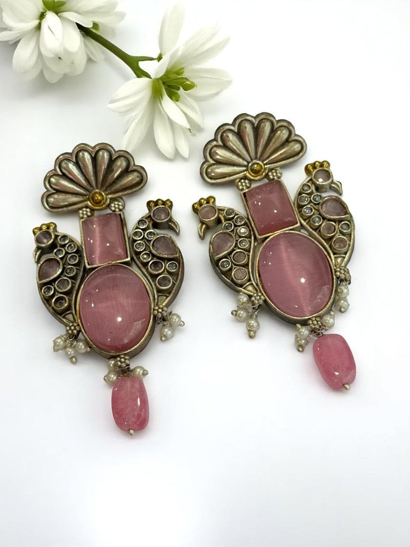 PINK STONE LEELA GERMAN SILVER EARRINGS