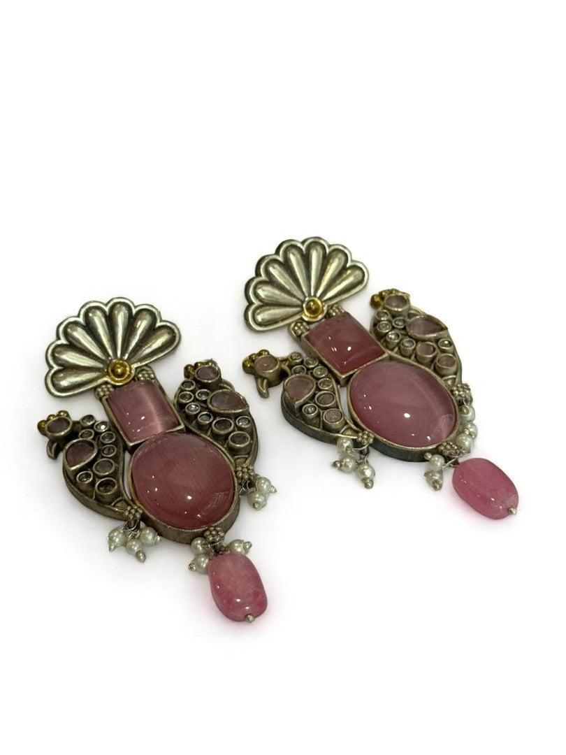 PINK STONE LEELA GERMAN SILVER EARRINGS