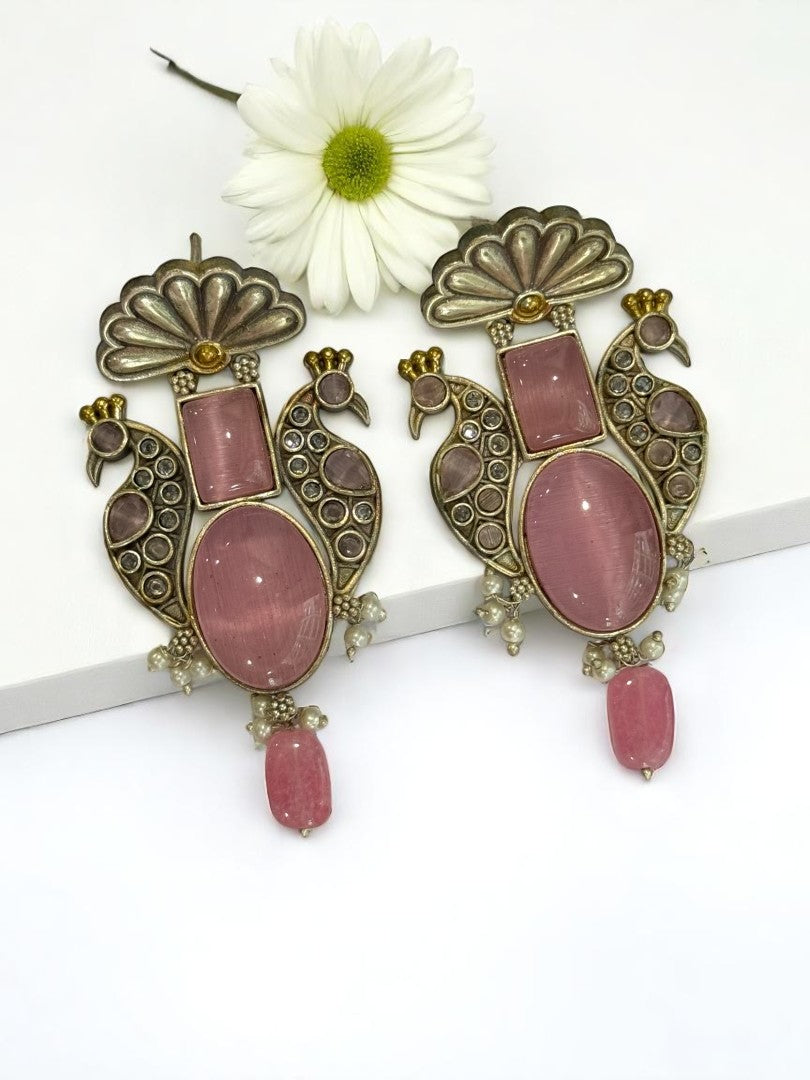 PINK STONE LEELA GERMAN SILVER EARRINGS