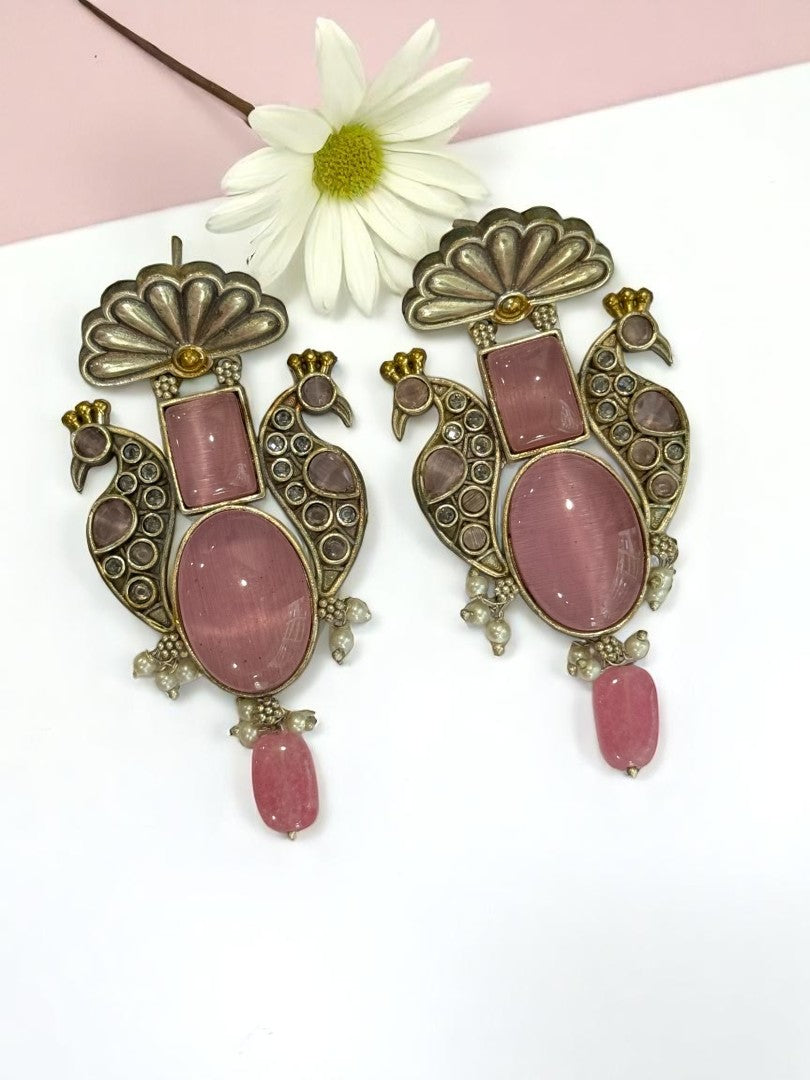 PINK STONE LEELA GERMAN SILVER EARRINGS
