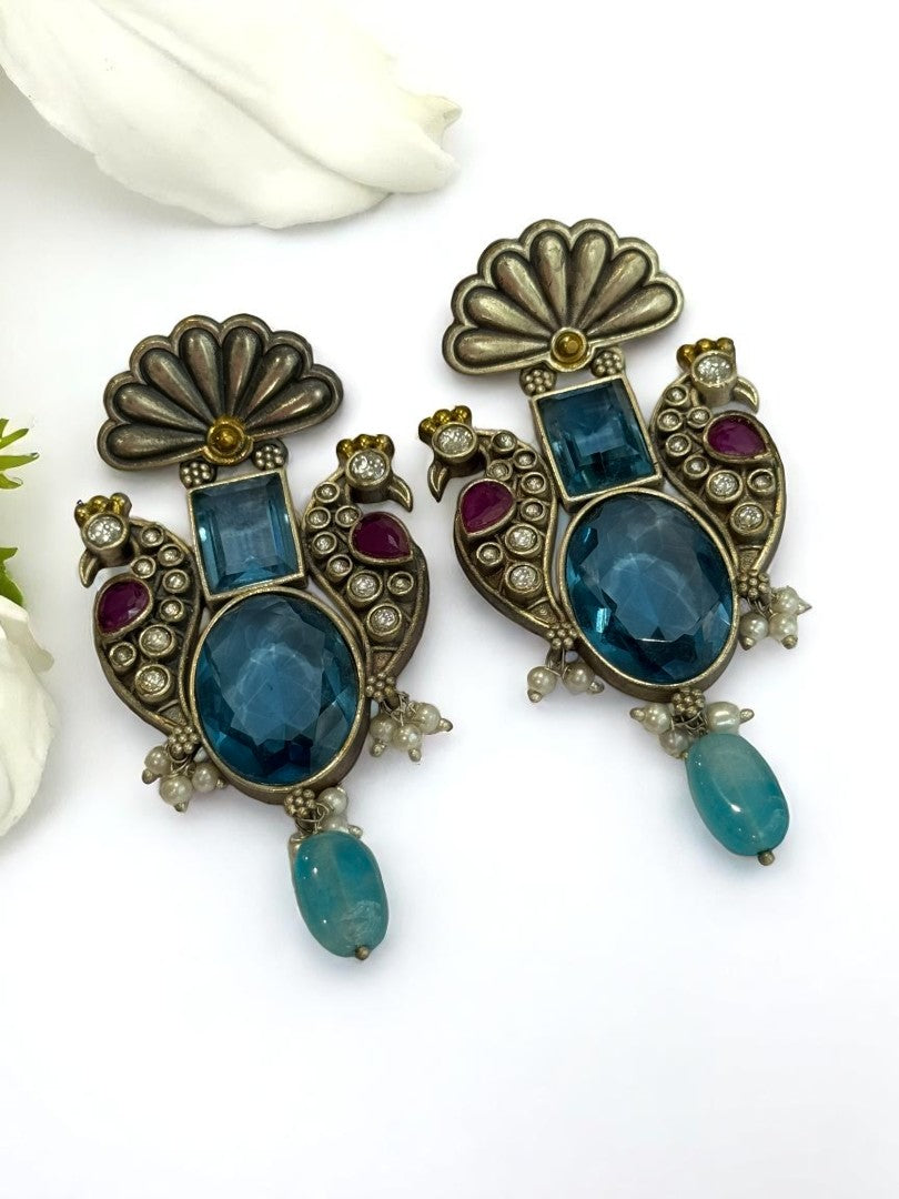 BLUE STONE LEELA GERMAN SILVER EARRINGS