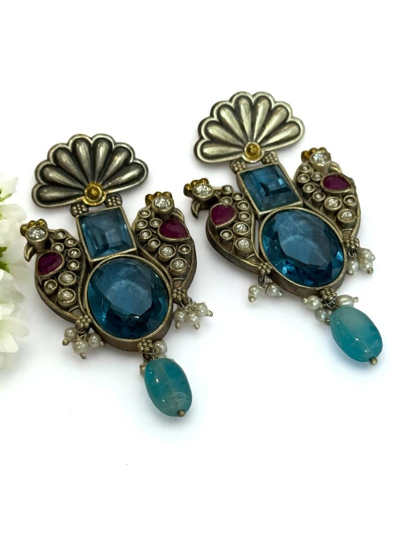 BLUE STONE LEELA GERMAN SILVER EARRINGS
