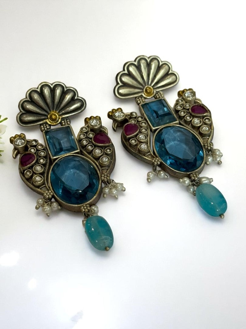 BLUE STONE LEELA GERMAN SILVER EARRINGS