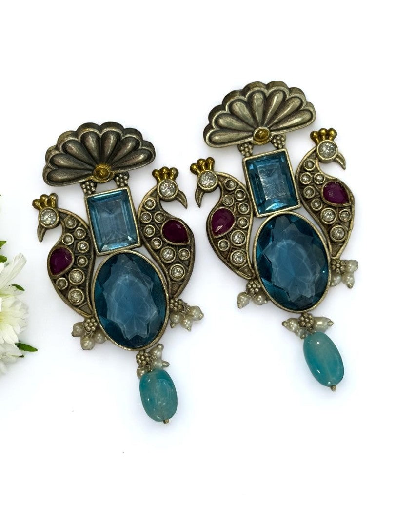 BLUE STONE LEELA GERMAN SILVER EARRINGS