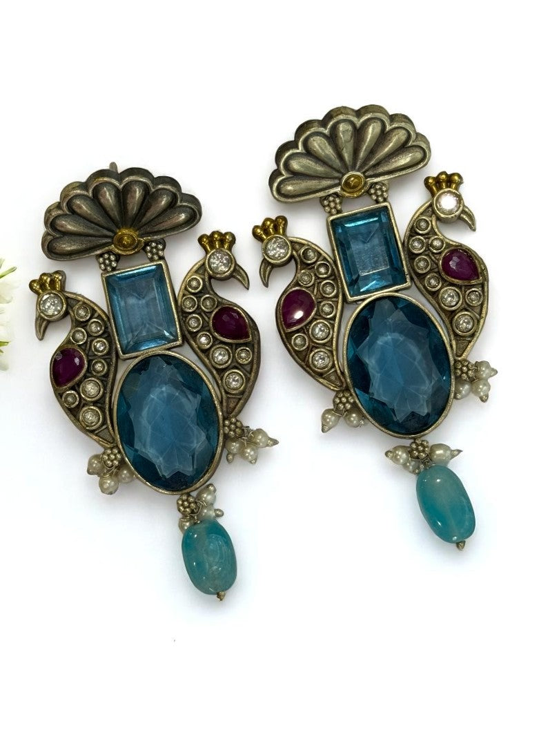 BLUE STONE LEELA GERMAN SILVER EARRINGS