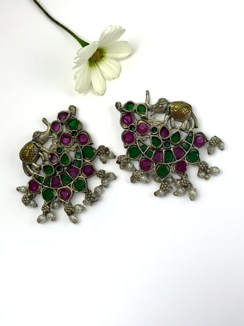 GREEN PINK STONE MRIDULA GERMAN SILVER EARRINGS