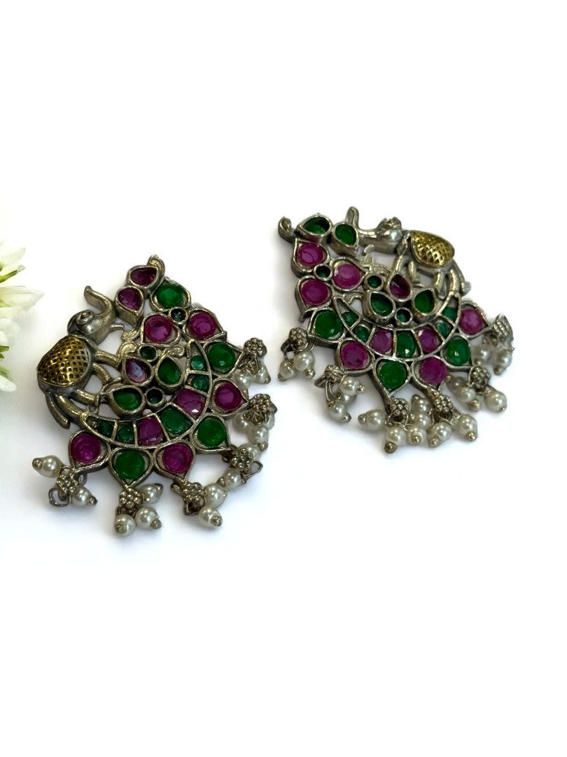 GREEN PINK STONE MRIDULA GERMAN SILVER EARRINGS